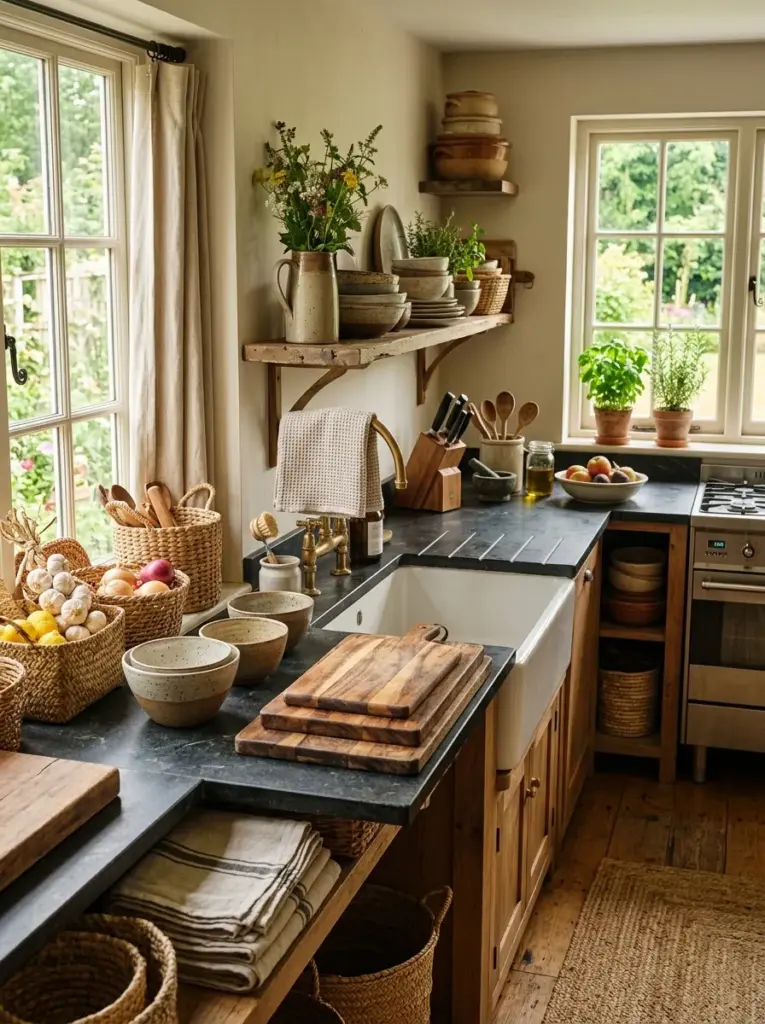 Real-life farmhouse kitchen with layered natural textures including woven baskets, linen towels, ceramic bowls, wooden cutting boards, stone countertops, neatly made, beautifully arranged, organized, clean, vibrant warm tones, bright natural light highlighting material textures from nearby windows, realistic photography, Pinterest-ready, premium stock photo