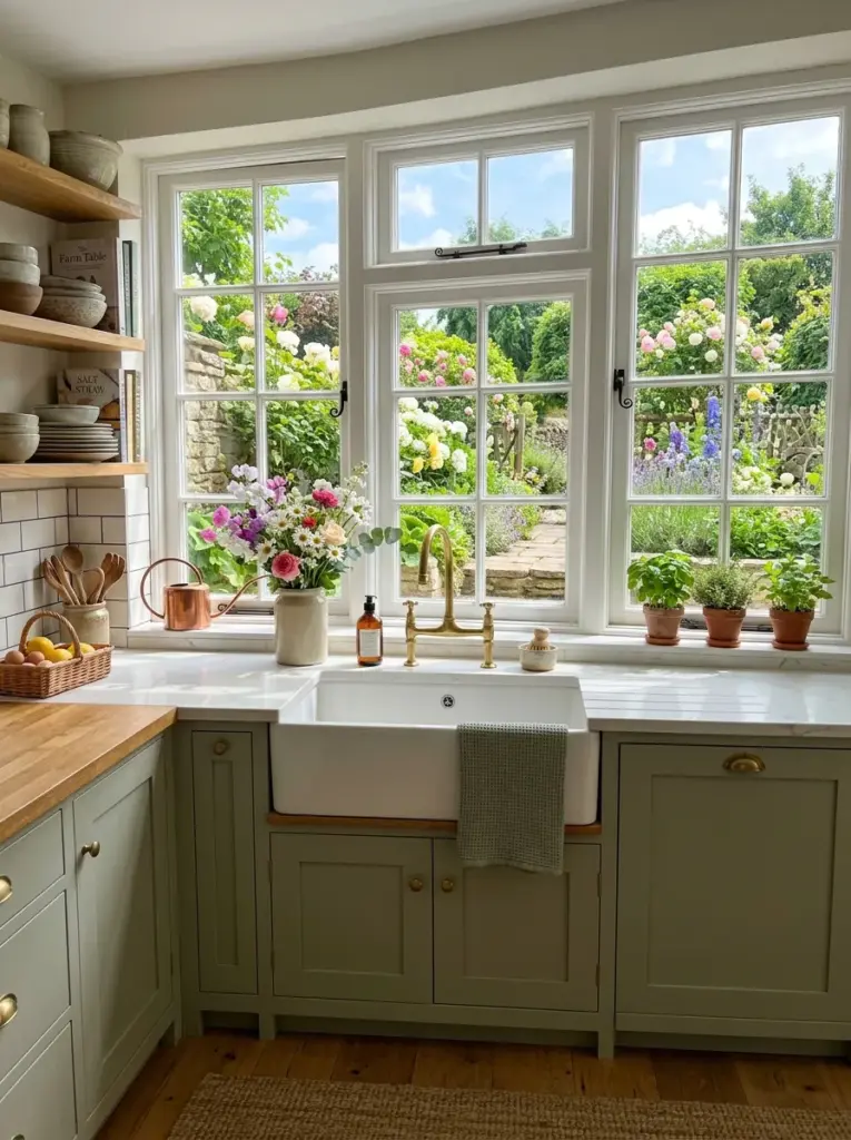Real-life farmhouse kitchen with apron-front sink beneath large windows overlooking a green garden, neatly made, beautifully arranged, organized, clean, vibrant colors, fresh flowers, bright natural light entering directly through the windows onto the sink area, realistic stock photography, Pinterest-ready, highly detailed