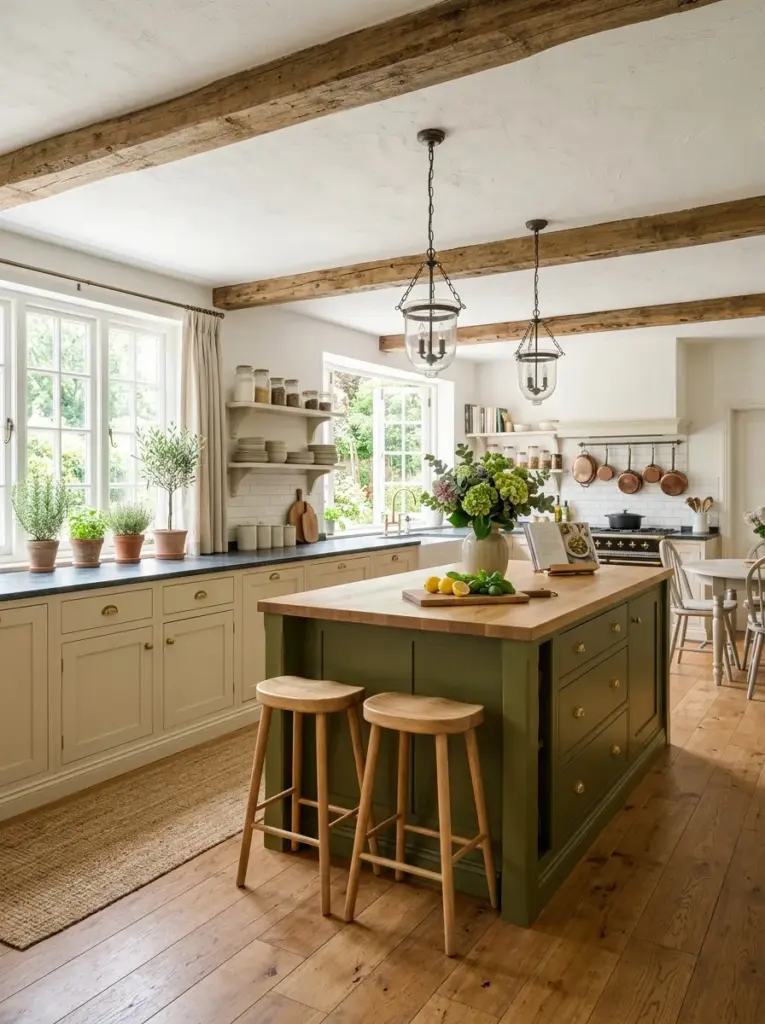 Real-life farmhouse kitchen with soft white walls, warm beige cabinets, olive green island, rustic wood ceiling beams, neatly made, beautifully arranged, organized, clean, vibrant yet balanced colors, fresh plants, bright natural light filling the room from large side windows, realistic photography, premium stock photo, Pinterest-ready, highly detailed
