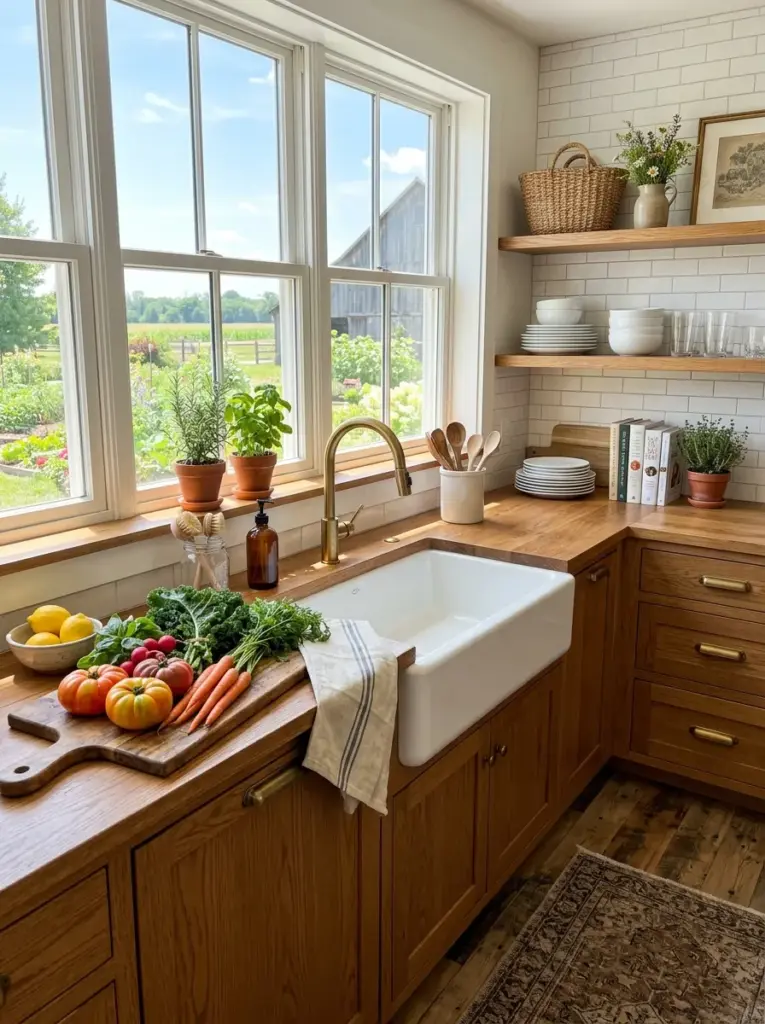 Real-life farmhouse kitchen featuring a deep white apron-front sink with spacious countertops on both sides, wooden cabinets, fresh vegetables, neatly made, beautifully arranged, organized, clean, vibrant colors, bright natural light shining directly across the sink and counters from wide front-facing windows, realistic stock photography, Pinterest-ready