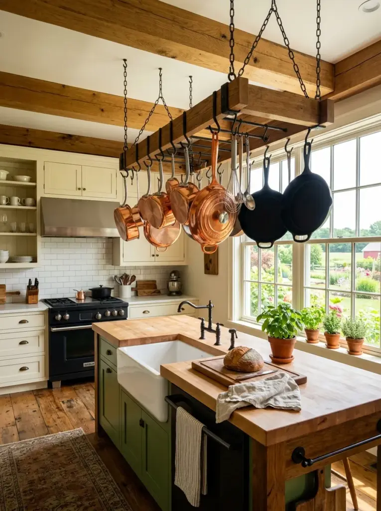 Real-life farmhouse kitchen with rustic wooden and black iron pot rack displaying matching cookware, neatly made, beautifully arranged, organized, clean, vibrant warm colors, spacious layout, bright natural light illuminating the hanging cookware from nearby side windows, realistic photography, premium stock image, Pinterest-ready
