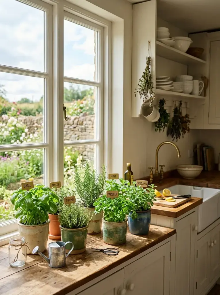Real-life farmhouse kitchen with fresh herb garden on a sunny windowsill, ceramic pots, wooden countertops, neatly made, beautifully arranged, organized, clean, vibrant green herbs, bright natural light reaching the plants directly from large windows, realistic stock photography, Pinterest-ready, highly detailed
