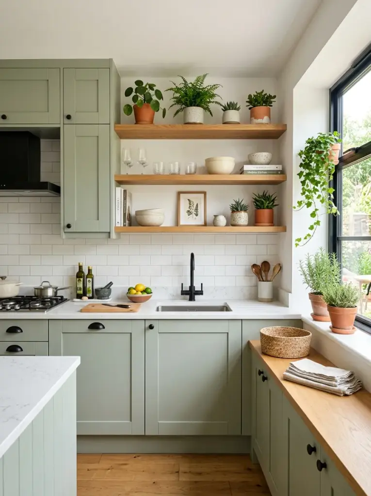 Prompt: Real-life modern kitchen with soft sage green shaker cabinets, warm oak floating shelves, white quartz countertops, matte black cabinet handles, ceramic plant pots, neatly made, beautifully arranged, organized, clean, bright natural light entering from large windows on the side, vibrant natural colors, authentic home photography, ultra realistic stock photo, inviting family atmosphere, Pinterest-ready interior photography, high detail, no people.