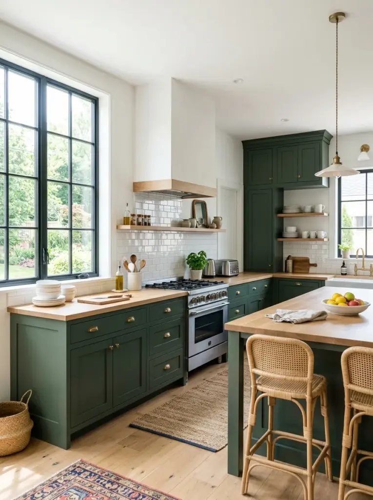 Prompt: Real-life kitchen with elegant green cabinets, crisp white walls, reflective white backsplash, light wood flooring, spacious countertops, neatly made, beautifully arranged, organized, clean, bright natural light flowing directly onto the preparation area from oversized windows, vibrant colors, premium residential stock photography, ultra realistic, Pinterest-ready, no people.