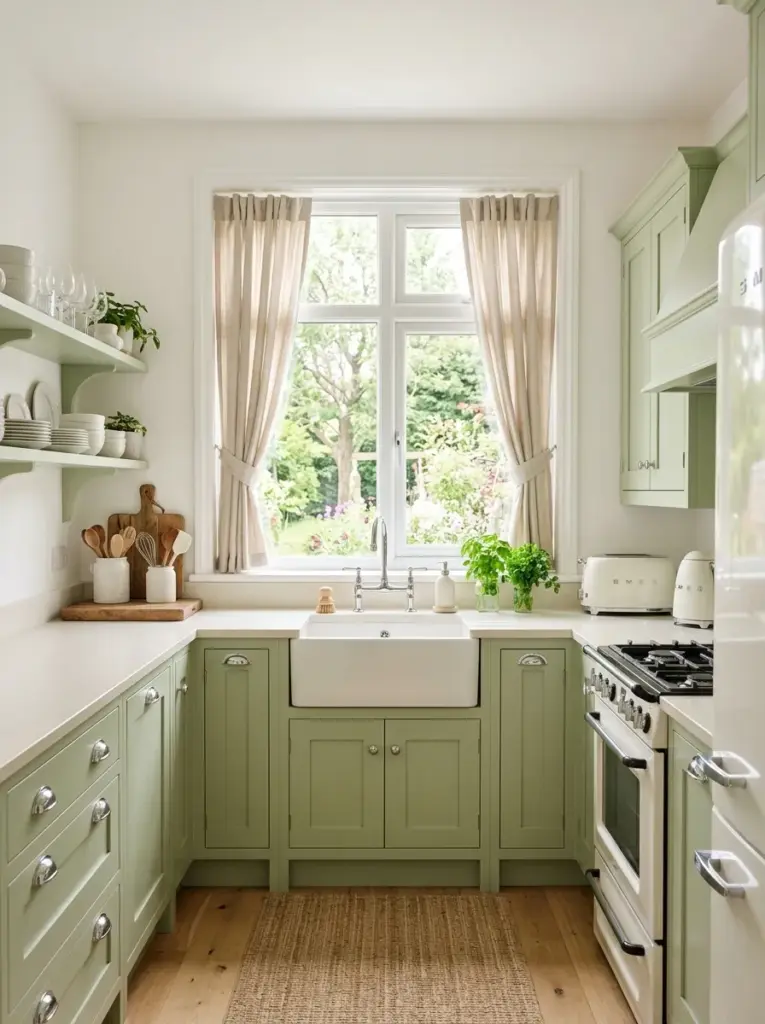 Prompt: Real-life kitchen with soft pistachio green cabinets, white walls, chrome cabinet hardware, classic white appliances, linen curtains, neatly made, beautifully arranged, organized, clean, bright natural light entering through large windows beside the sink, vibrant yet soft colors, authentic home photography, Pinterest-ready stock photo, ultra realistic, no people.