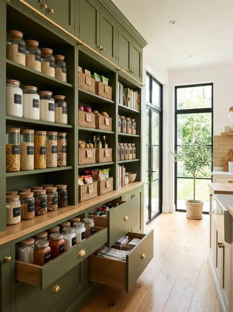 Prompt: Real-life kitchen with a full-height green pantry wall, floor-to-ceiling cabinets, labeled storage containers, pull-out drawers, organized shelves, neatly made, beautifully arranged, organized, clean, bright natural light shining from adjacent tall windows, vibrant realistic colors, authentic residential photography, Pinterest-ready interior, ultra detailed, no people.