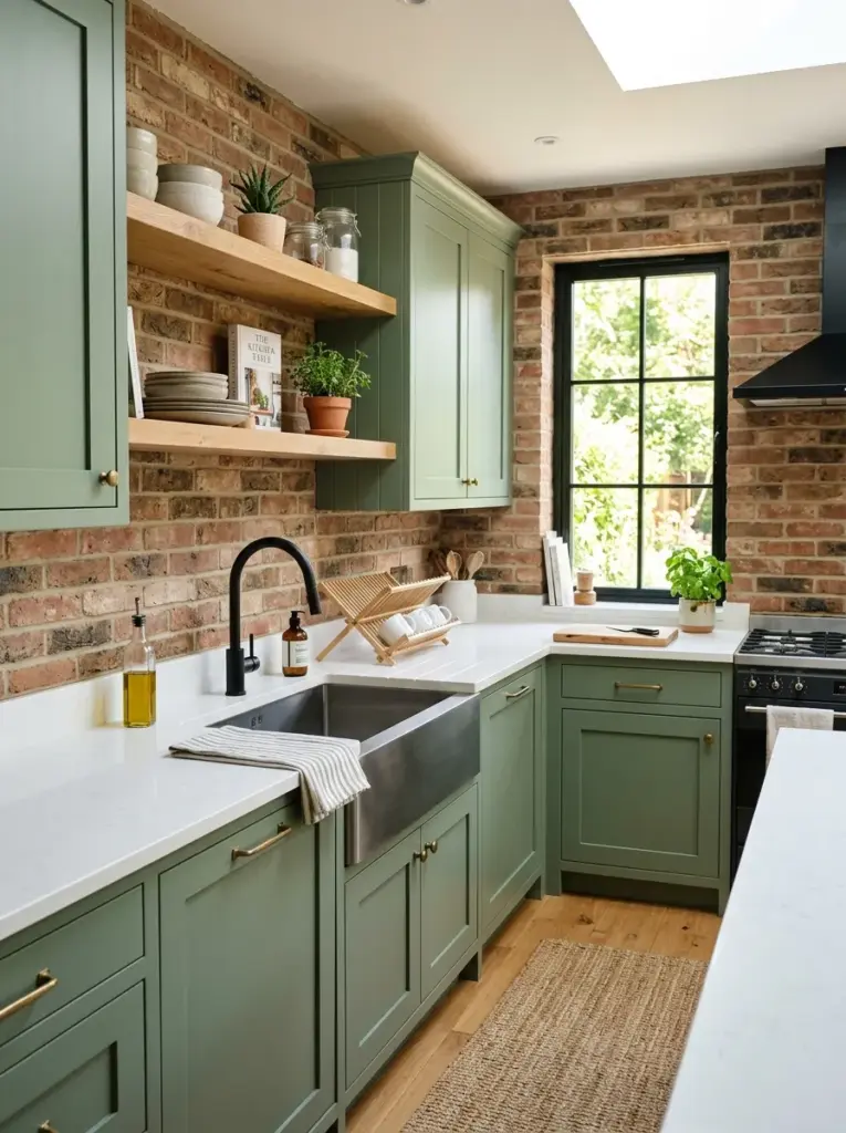 Prompt: Real-life kitchen with elegant green cabinets, warm exposed brick backsplash, white countertops, black faucet, light wooden floating shelves, neatly made, beautifully arranged, organized, clean, bright natural light highlighting the brick texture from side windows, vibrant earthy colors, realistic stock photography, Pinterest-ready, ultra realistic, no people.