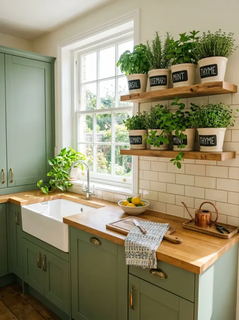 Prompt: Real-life kitchen with green cabinets, organized indoor herb garden beside a sunny window, basil, rosemary, mint, thyme in matching ceramic pots on wooden shelves, neatly made, beautifully arranged, organized, clean, bright natural light directly illuminating the herbs from the window, vibrant fresh green colors, authentic home photography, Pinterest-ready, ultra realistic, no people.