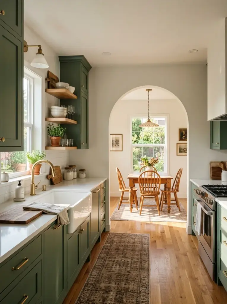 Prompt: Real-life kitchen with elegant green cabinets, graceful arched doorway, neutral walls, wooden dining furniture, white countertops, neatly made, beautifully arranged, organized, clean, bright natural light flowing through the arched opening and surrounding windows, vibrant colors, authentic residential photography, premium stock photo, Pinterest-ready, ultra realistic, no people.