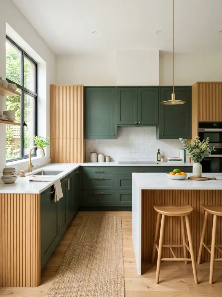 Prompt: Real-life modern kitchen with elegant green cabinets, fluted natural oak wood panels, white stone countertops, minimal décor, neatly made, beautifully arranged, organized, clean, bright natural light streaming through large side windows, vibrant natural colors, authentic residential photography, premium stock photo, Pinterest-ready interior, ultra realistic, no people.