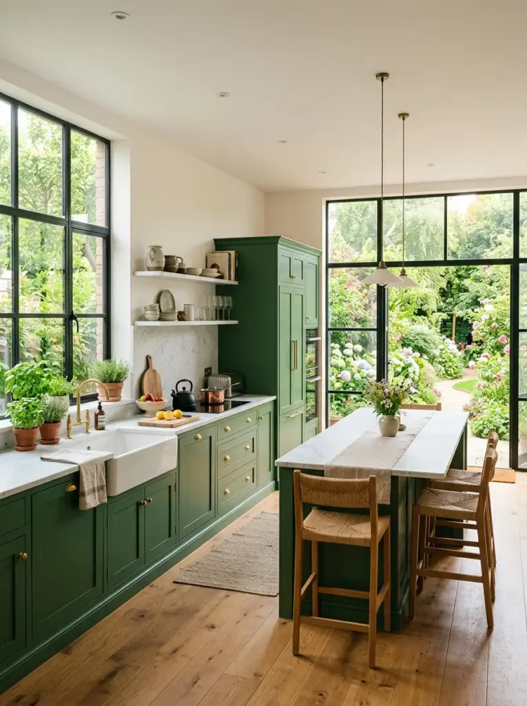 Prompt: Real-life kitchen with elegant green cabinets, large black steel-framed windows overlooking a lush garden, white countertops, warm oak flooring, neatly made, beautifully arranged, organized, clean, bright natural light flooding through expansive windows, vibrant greenery, authentic home photography, Pinterest-ready stock photo, ultra realistic, no people.
