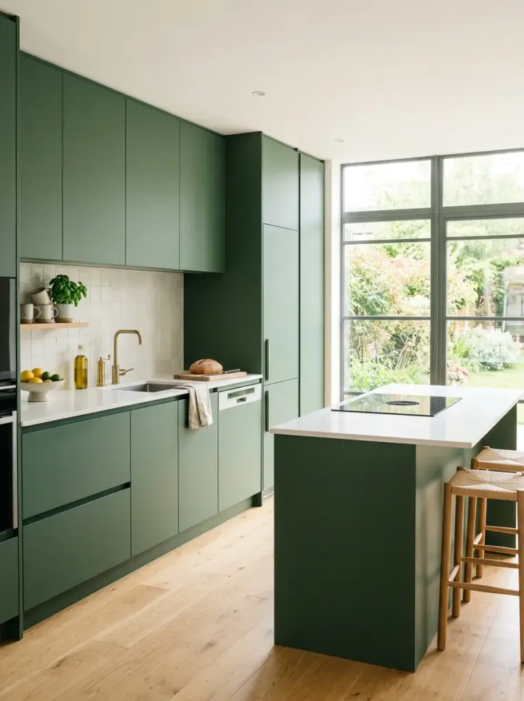 Prompt: Real-life minimalist kitchen with matte green handleless cabinets, seamless integrated design, white solid surface countertops, subtle decorative accessories, neatly made, beautifully arranged, organized, clean, bright natural light entering from wide windows opposite the cabinets, vibrant colors, authentic interior photography, Pinterest-ready, ultra realistic stock photo, no people.