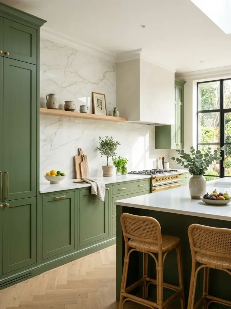 Prompt: Real-life kitchen with elegant green cabinets, full-height white marble backsplash with soft natural veining, white countertops, minimal shelving, neatly made, beautifully arranged, organized, clean, bright natural light illuminating the marble from large side windows, vibrant refined colors, authentic luxury residential photography, Pinterest-ready, ultra realistic, no people.