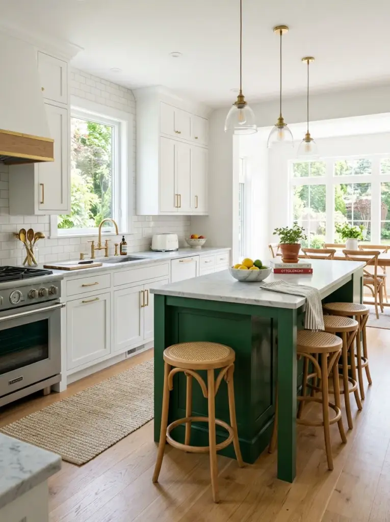 Prompt: Real-life bright white kitchen with a deep forest green kitchen island, brass hardware, wooden counter stools, white cabinetry, marble countertops, neatly made, beautifully arranged, organized, clean, bright natural light flowing from wide windows behind the dining area, vibrant colors, realistic residential photography, premium stock photo style, Pinterest-ready, ultra detailed, no people.