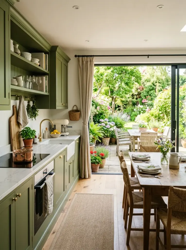 Prompt: Real-life green kitchen with large sliding glass doors opening onto a beautiful backyard patio, elegant green cabinets, wooden dining table, white countertops, neatly made, beautifully arranged, organized, clean, bright natural light pouring through the glass doors into the kitchen, vibrant garden colors, authentic lifestyle photography, Pinterest-ready stock photo, ultra realistic, no people.
