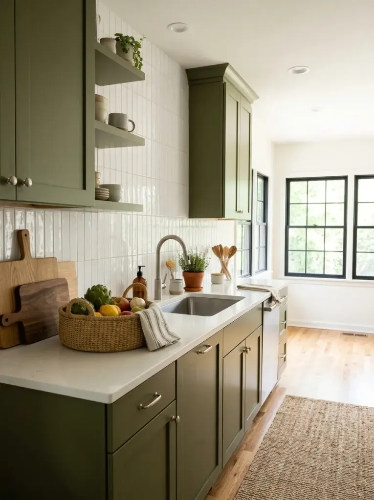 Prompt: Real-life kitchen featuring olive green cabinets, white vertical subway tile backsplash, brushed nickel faucet, wooden cutting boards, woven baskets, white countertops, neatly made, beautifully arranged, organized, clean, bright natural light highlighting the backsplash from windows opposite the kitchen, vibrant earthy colors, realistic home photography, Pinterest-ready stock photo, ultra realistic, no people.