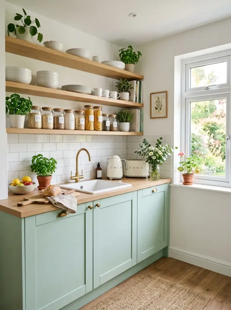 Prompt: Real-life compact kitchen with soft mint green cabinets, pale wood open shelving, white dishes, glass storage jars, small indoor plants, white walls, neatly made, beautifully arranged, organized, clean, bright natural light streaming through a nearby window, vibrant fresh colors, authentic stock photography, ultra realistic, cozy everyday home, Pinterest-ready, no people.