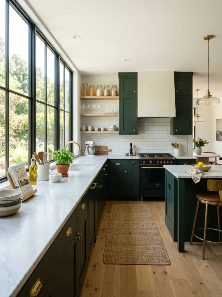 Prompt: Real-life kitchen with elegant dark green cabinets beside large floor-to-ceiling windows, light stone countertops, white walls, glass accessories, neatly made, beautifully arranged, organized, clean, bright natural light flooding across the cabinet surfaces from the side windows, vibrant rich colors, premium residential stock photography, ultra realistic, Pinterest-ready interior, no people.
