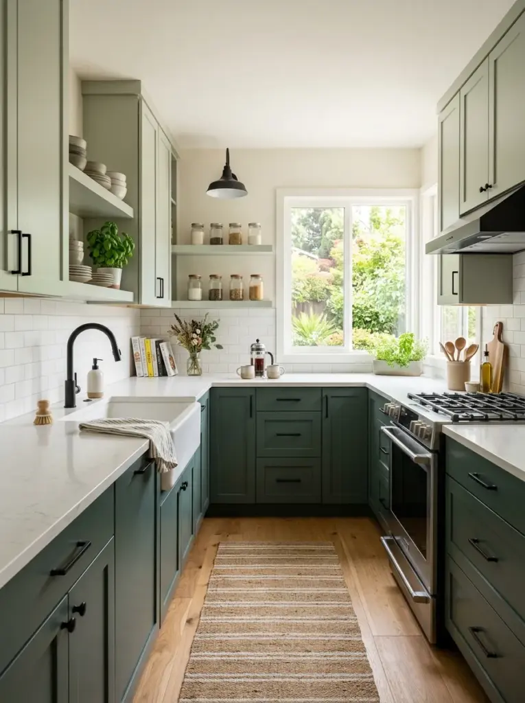 Prompt: Real-life kitchen with two-tone cabinetry, soft sage upper cabinets and deep eucalyptus green lower cabinets, white quartz countertops, natural oak floor, matte black hardware, neatly made, beautifully arranged, organized, clean, bright natural light entering from large corner windows, vibrant colors, authentic residential photography, realistic stock photo, Pinterest-ready interior, ultra detailed, no people.