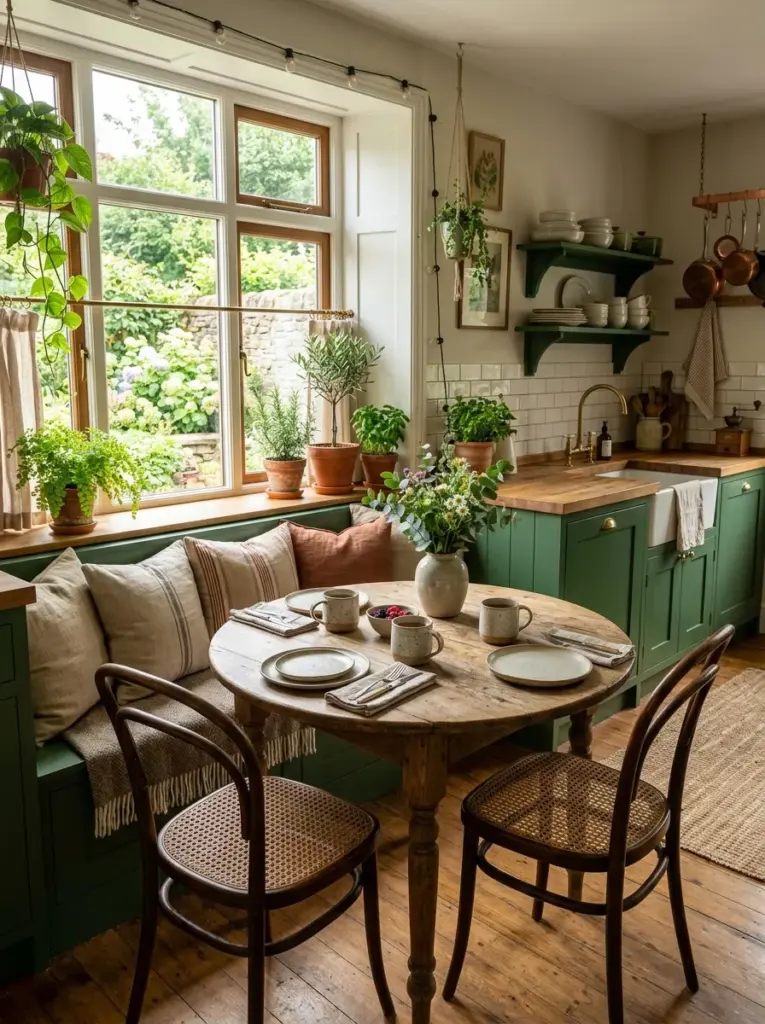 Prompt: Real-life green kitchen with a cozy breakfast nook beside a large window, green cabinets, wooden dining table, comfortable chairs, leafy indoor plants, linen cushions, ceramic mugs, neatly made, beautifully arranged, organized, clean, bright natural light pouring through the breakfast window, vibrant natural colors, authentic lifestyle stock photography, Pinterest-ready, ultra realistic, no people.
