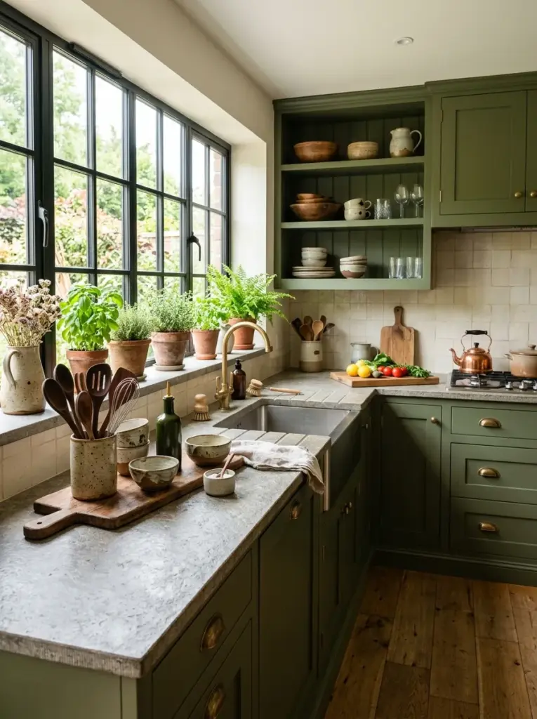 Prompt: Real-life kitchen with moss green cabinets, natural stone countertops, handmade ceramic pottery, wooden cooking utensils, subtle greenery, neatly made, beautifully arranged, organized, clean, bright natural light illuminating the stone textures from wide side windows, vibrant earthy colors, realistic home photography, premium stock image, Pinterest-ready, ultra detailed, no people.