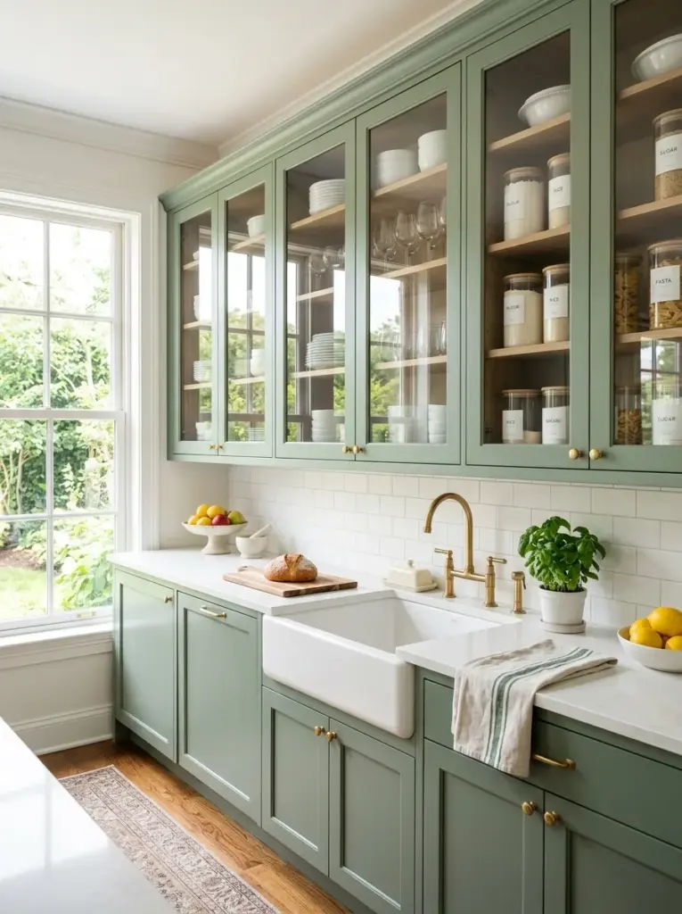Prompt: Real-life kitchen with elegant green cabinets featuring clear glass cabinet doors, organized white dinnerware, matching glassware, pantry jars, white countertops, neatly made, beautifully arranged, organized, clean, bright natural light reflecting through glass cabinet doors from nearby windows, vibrant colors, authentic interior photography, Pinterest-ready, realistic stock photo, no people.
