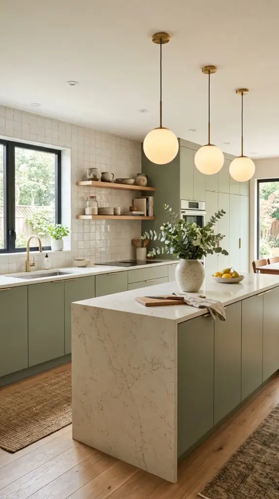 An organic modern kitchen featuring creamy off-white cabinetry, natural white oak accents, textured limewash walls, handmade zellige tile backsplash in warm ivory, thick stone countertops, woven bar stools, linen Roman shades, sculptural ceramic decor, fresh greenery, soft diffused afternoon sunlight, calm earthy palette, luxury editorial photography, realistic architectural details, inviting atmosphere, no people, no text.