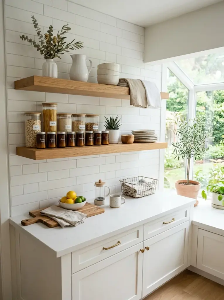 Real-life modern kitchen with a full-height marble look backsplash extending from countertop to upper cabinets, white oak cabinetry, quartz countertop, neatly made, beautifully arranged, organized, clean, bright natural light streaming from large side windows, subtle marble veining, vibrant yet natural colors, realistic interior photography, Pinterest-ready, premium stock photo, no people, no 3D render