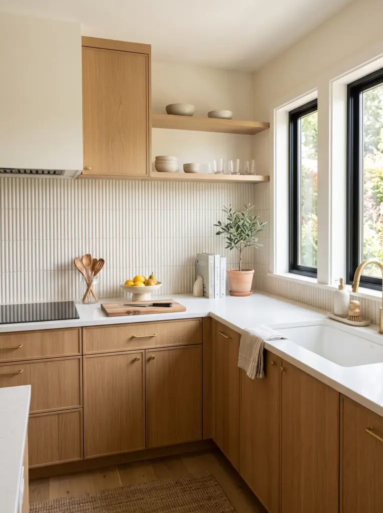 Real-life kitchen with light beige thin brick backsplash, minimalist white cabinets, black hardware, quartz countertop, neatly made, beautifully arranged, organized, clean, bright natural light entering from side windows emphasizing the brick texture, vibrant neutral palette, realistic stock photo, Pinterest-ready, no people, not CGI