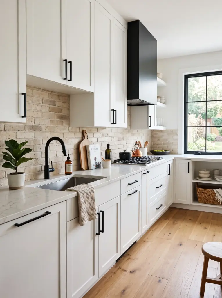 Real-life kitchen featuring ivory fluted tile backsplash, white oak cabinets, quartz countertop, neatly made, beautifully arranged, organized, clean, bright natural light entering from side windows to emphasize the vertical fluted texture, vibrant neutral colors, realistic interior photography, Pinterest-ready, premium stock photo, no people, no 3D render