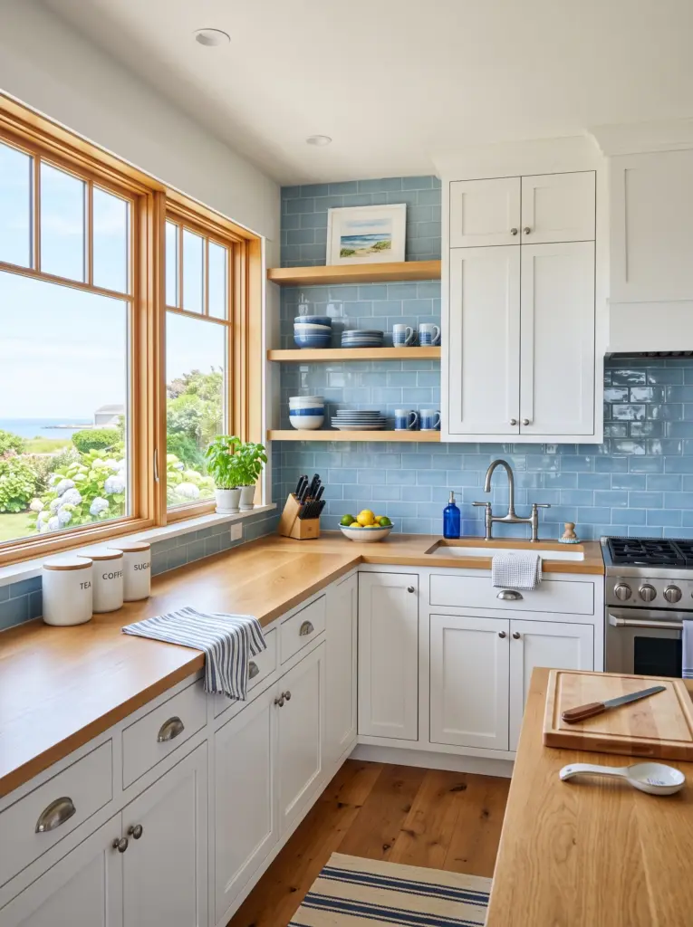 Real-life kitchen with neutral checkerboard natural stone mosaic backsplash behind the cooking area, white cabinets, warm wood shelves, neatly made, beautifully arranged, organized, clean, bright natural light from nearby windows highlighting the stone pattern, vibrant earthy tones, realistic stock photography, Pinterest-ready, no people