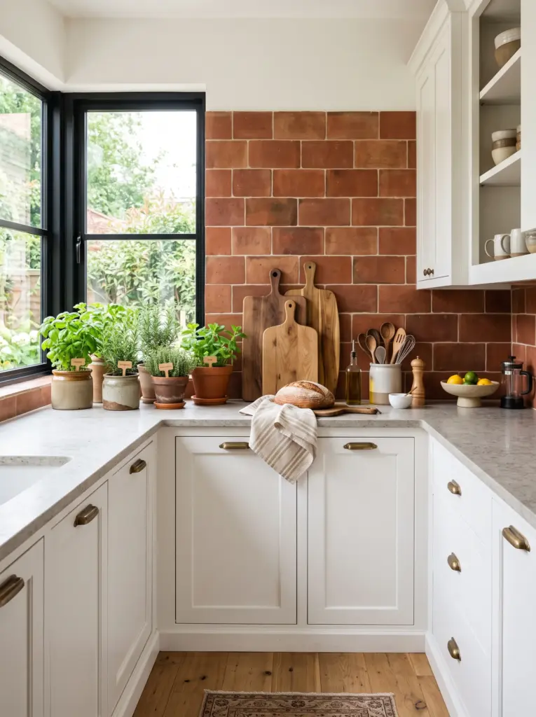 Real-life kitchen with ribbed glass tile backsplash in warm white tones, minimalist cabinetry, stone countertop, neatly made, beautifully arranged, organized, clean, bright natural light flowing from large side windows through the textured glass surface, vibrant fresh colors, realistic home photography, Pinterest-ready, no people