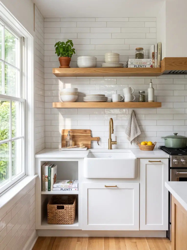 Real-life kitchen with light limestone backsplash, natural oak cabinetry, linen kitchen accessories, quartz countertop, neatly made, beautifully arranged, organized, clean, bright natural light entering from side windows to reveal delicate limestone texture, vibrant earthy palette, realistic stock photo, Pinterest-ready, no people