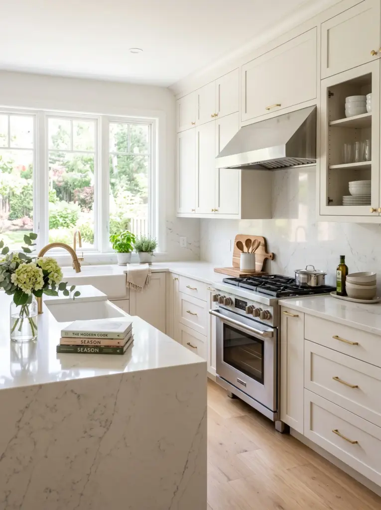 Real-life kitchen with oversized matte square tile backsplash in warm white, light wood cabinets, stone countertop, neatly made, beautifully arranged, organized, clean, bright natural light from wide side windows illuminating the large tile surface, vibrant neutral colors, realistic interior photography, Pinterest-ready, no people, not a render