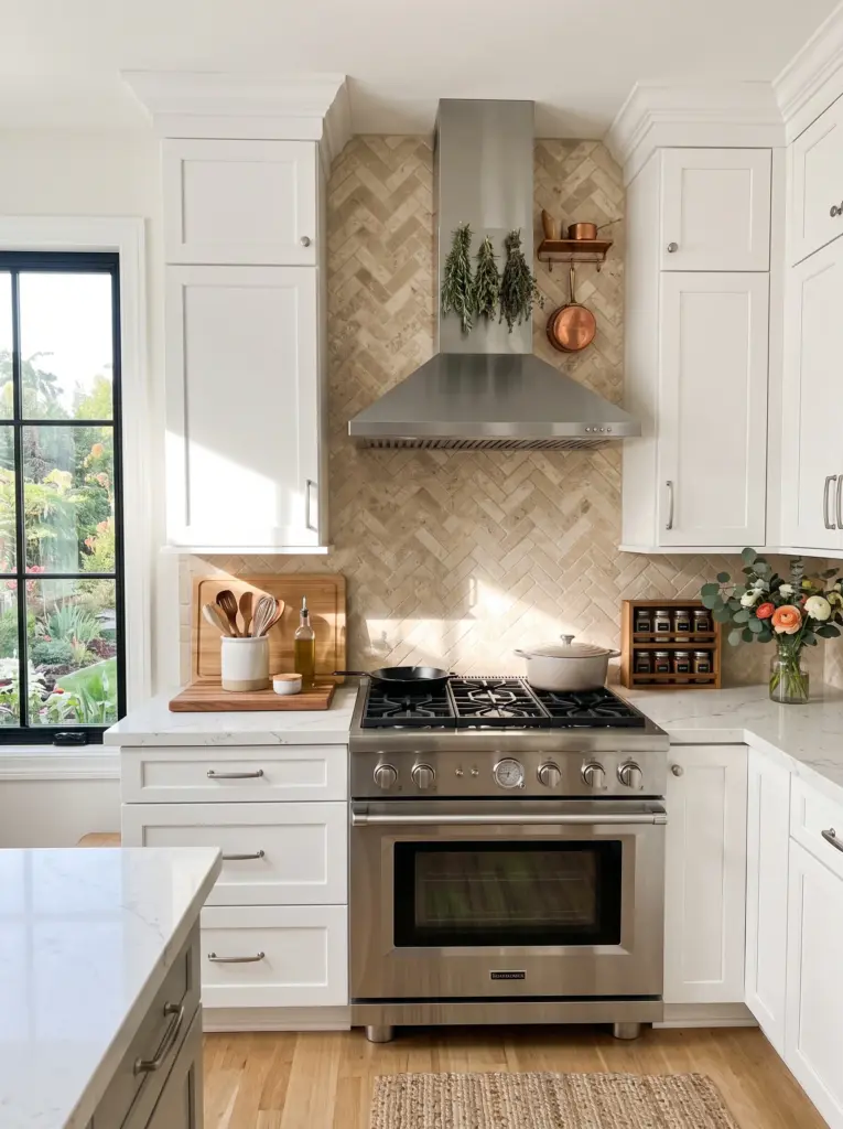Real-life kitchen with white Kit Kat tile backsplash, light oak cabinets, white quartz countertop, neatly made, beautifully arranged, organized, clean, bright natural light entering from side windows highlighting the vertical tile texture, vibrant neutral palette, realistic interior photography, Pinterest-ready, premium stock photo, no people, no CGI