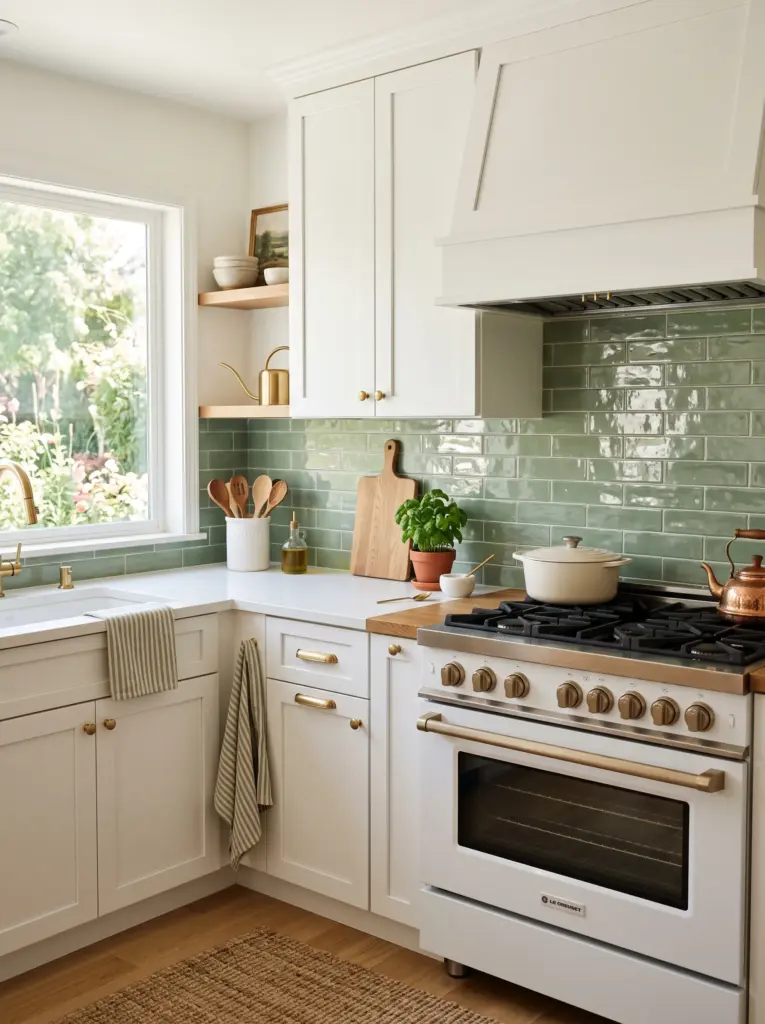 Real-life kitchen with honed travertine mosaic backsplash, warm white cabinetry, brushed brass hardware, oak shelves, neatly made, beautifully arranged, organized, clean, bright natural light from nearby side windows enhancing the natural stone texture, vibrant earthy colors, realistic stock photography, Pinterest-ready, no people