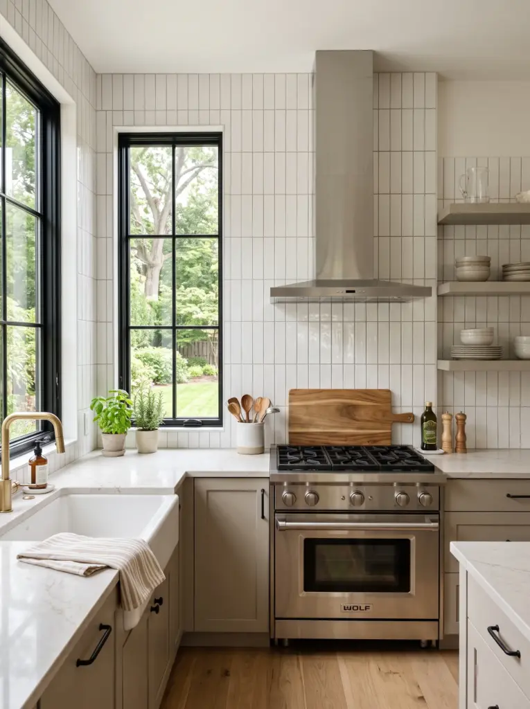 Real-life kitchen with glossy white rectangular tile backsplash and charcoal grout, black fixtures, white cabinets, neatly made, beautifully arranged, organized, clean, bright natural light from side-facing windows reflecting across glossy tiles, vibrant monochromatic palette, realistic interior photography, Pinterest-ready, no people