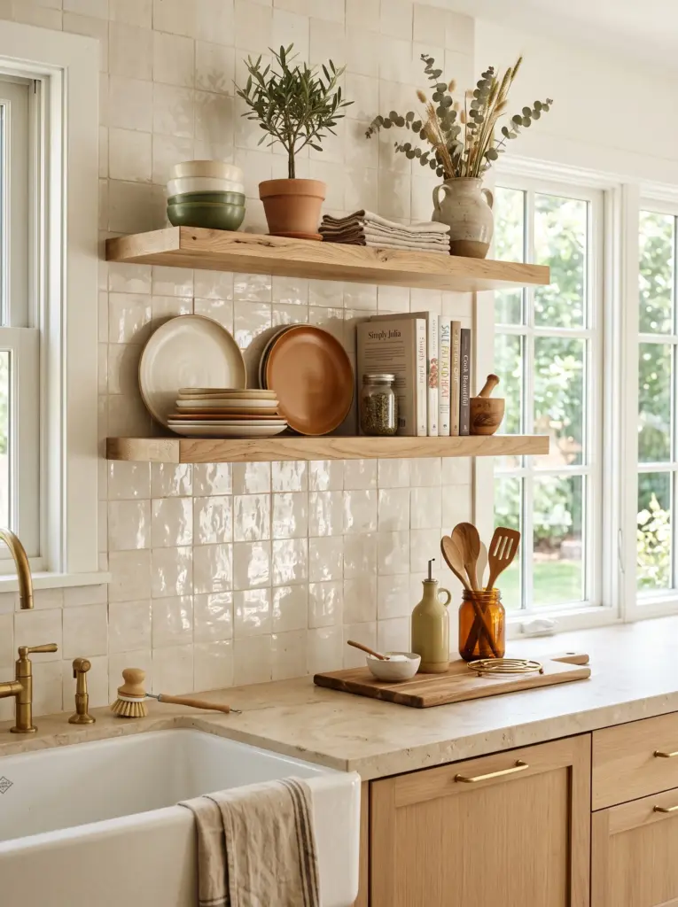 Real-life kitchen with handmade greige ceramic tile backsplash, walnut cabinets, white stone countertop, neatly made, beautifully arranged, organized, clean, bright natural light entering from side windows highlighting the handcrafted glaze, vibrant neutral colors, realistic home photography, Pinterest-ready, no people, not an illustration