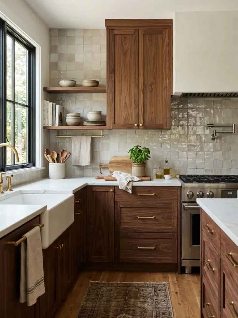 Real-life kitchen featuring warm ivory zellige tile backsplash, light wood floating shelves, natural stone countertop, ceramic dishes, neatly made, beautifully arranged, organized, clean, bright natural light entering from side windows creating gentle reflections on glossy tiles, vibrant warm colors, realistic stock photography, Pinterest-ready, no people, no illustration