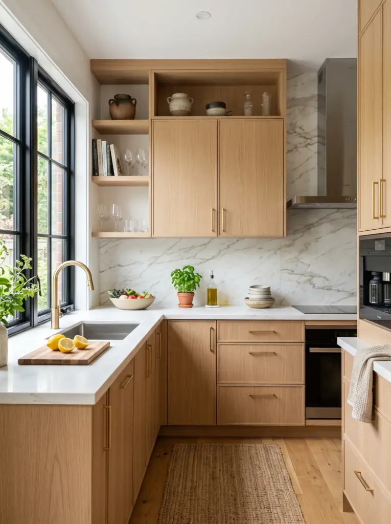 Real-life kitchen with continuous backsplash extending behind floating oak shelves, white ceramic decor, glass storage jars, neatly made, beautifully arranged, organized, clean, bright natural light from large side windows illuminating both shelves and backsplash, vibrant natural colors, realistic stock photo, Pinterest-ready, no people, no 3D render