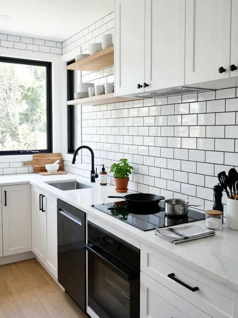 Real-life kitchen with vertically stacked white subway tile backsplash, matte finish cabinetry, slim stainless range hood, neatly made, beautifully arranged, organized, clean, bright natural light from tall nearby windows emphasizing vertical lines, vibrant neutral colors, realistic home photography, Pinterest-ready, no people, not a render