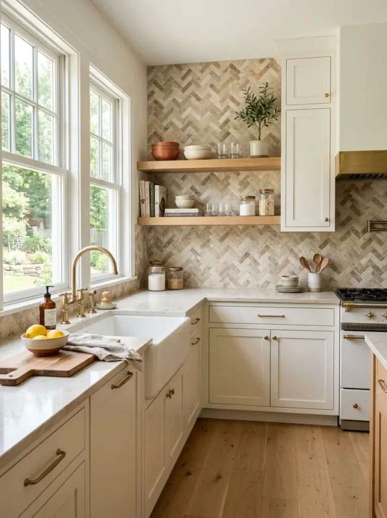 Real-life kitchen with glossy sage green tile backsplash behind countertop and stove, white shaker cabinets, brass hardware, oak countertop accents, neatly made, beautifully arranged, organized, clean, bright natural light from nearby windows illuminating the backsplash surface, vibrant balanced colors, realistic interior photography, Pinterest-ready, no people