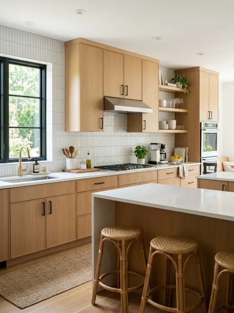 Real-life kitchen with beige natural stone herringbone backsplash behind cooking area, white cabinets, quartz countertop, neatly made, beautifully arranged, organized, clean, bright natural light from side-facing windows highlighting stone texture and pattern, vibrant earthy tones, realistic stock photo, Pinterest-ready, no people, no CGI
