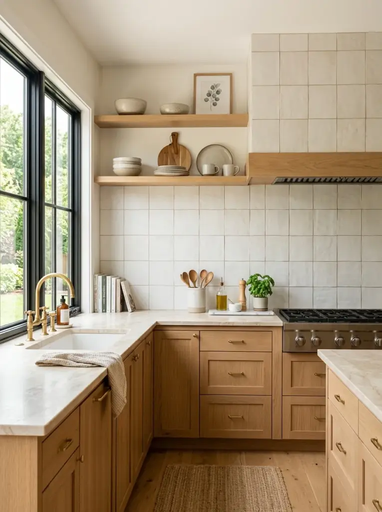 Real-life kitchen with matching quartz countertop and full slab quartz backsplash, soft white cabinetry, neatly made, beautifully arranged, organized, clean, bright natural light entering from large side windows reflecting across the seamless surface, vibrant neutral colors, realistic interior photography, Pinterest-ready, premium stock photo, no people, no 3D render
