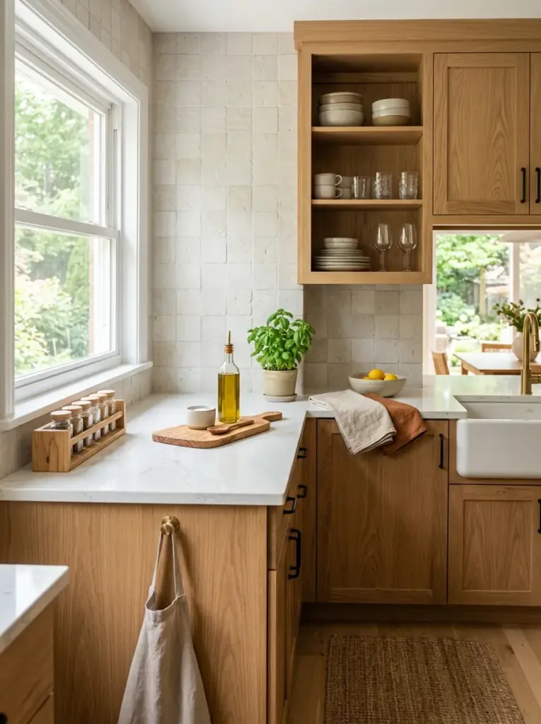 Real-life kitchen with white rectangular backsplash combining matte and glossy ceramic tiles, oak shelves, white cabinets, neatly made, beautifully arranged, organized, clean, bright natural light crossing the backsplash from side windows to highlight texture differences, vibrant clean colors, realistic stock photography, Pinterest-ready, no people