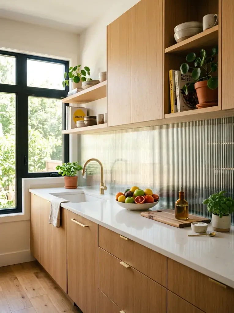 Real-life kitchen featuring warm terracotta tile backsplash, white cabinets, wooden cutting boards, stone countertop, indoor herbs, neatly made, beautifully arranged, organized, clean, bright natural light from nearby windows enhancing the warm earthy tones, vibrant colors, realistic home photography, Pinterest-ready, no people, no illustration