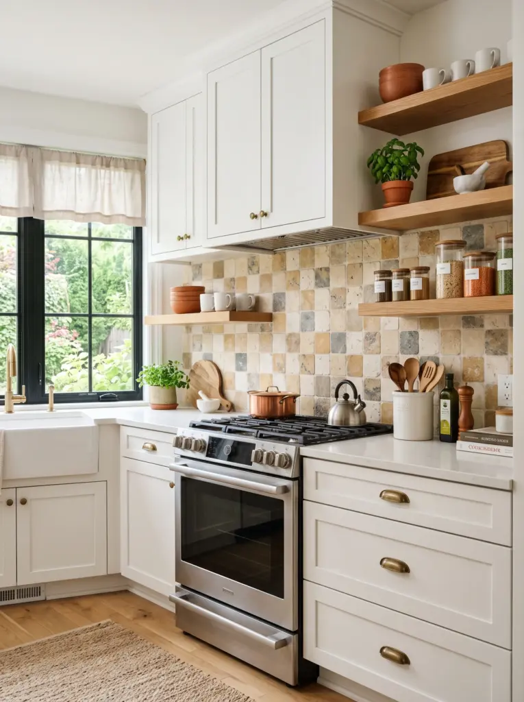 Real-life kitchen with soft blue glossy ceramic tile backsplash, white shaker cabinets, light oak accents, brushed nickel fixtures, neatly made, beautifully arranged, organized, clean, bright natural light from wide side windows creating soft reflections on the tiles, vibrant coastal-inspired colors, realistic interior photography, Pinterest-ready, no people