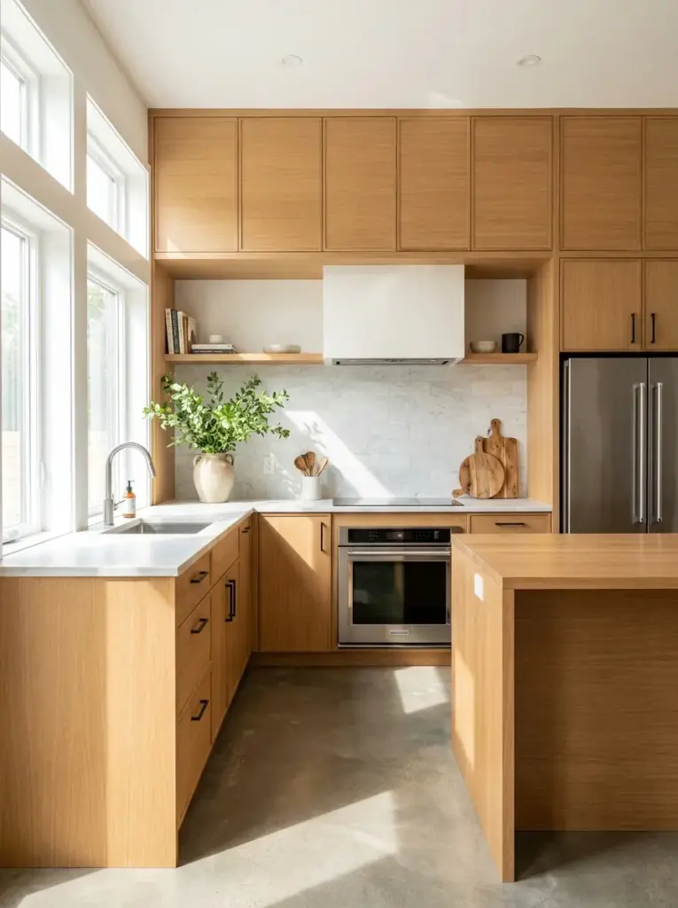 Ultra-realistic residential kitchen photography, modern kitchen with elegant floor-to-ceiling white oak cabinets reaching the ceiling, hidden upper storage, neatly made, beautifully arranged, organized, clean, bright natural light entering from large side windows, vibrant warm wood tones, realistic family home, subtle marble backsplash, matte hardware, functional layout, Pinterest-ready, premium stock photo, DSLR photography, highly detailed, no people, not a 3D render.