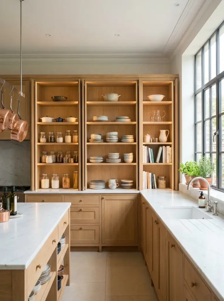 Real-life luxury kitchen with cabinet doors open revealing softly illuminated interior shelves, lighting positioned along the cabinet sides to evenly brighten every shelf, neatly made, beautifully arranged, organized, clean, bright natural light entering through large windows while complementing the cabinet lighting, vibrant yet realistic colors, Pinterest-ready, premium stock photography, DSLR quality, highly detailed, no people, not a 3D render.
