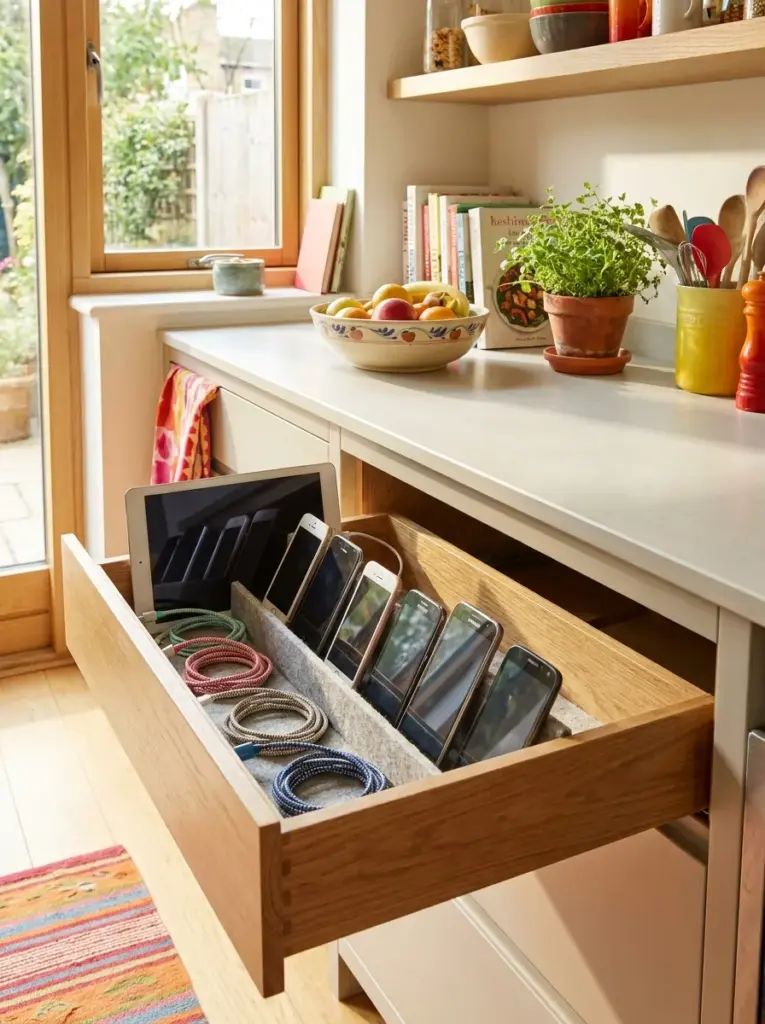 Real-life modern kitchen featuring a partially open charging drawer with neatly organized smartphones, tablets, and charging cables hidden inside, neatly made, beautifully arranged, organized, clean, bright natural light entering from nearby windows, vibrant colors, realistic family home, Pinterest-ready, premium stock photography, DSLR quality, highly detailed, no people, not a 3D render.